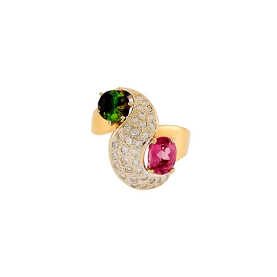 Lot 1268 - Two-Color Gold, Pink and Green Tourmaline and Diamond Ring