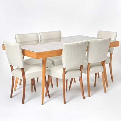 Lot 342 - Joaquim Tenreiro Pau Marfin and Glass Dining Table and Set of Six Upholstered Dining Chairs