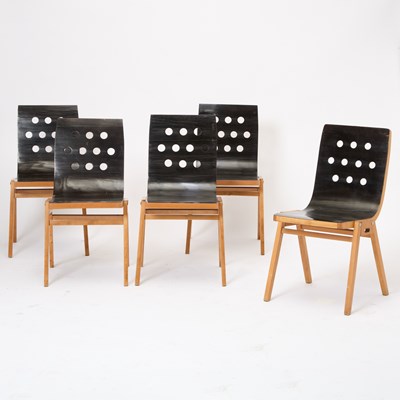 Lot 335 - Five Wiener Stadthalle Beech, Sycamore, Stained Wood and Steel "Model 3/4/3" Stacking Chairs