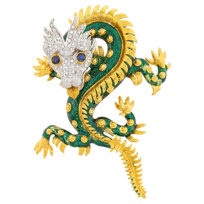 Lot 59 - Two-Color Gold, Green Enamel, Diamond and Sapphire Dragon Brooch