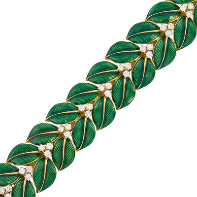 Lot 128 - Gold, Green Enamel and Diamond Leaf Bracelet
