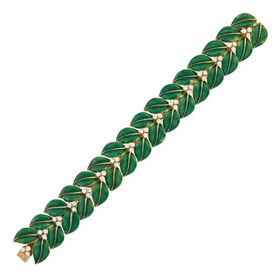 Lot 128 - Gold, Green Enamel and Diamond Leaf Bracelet