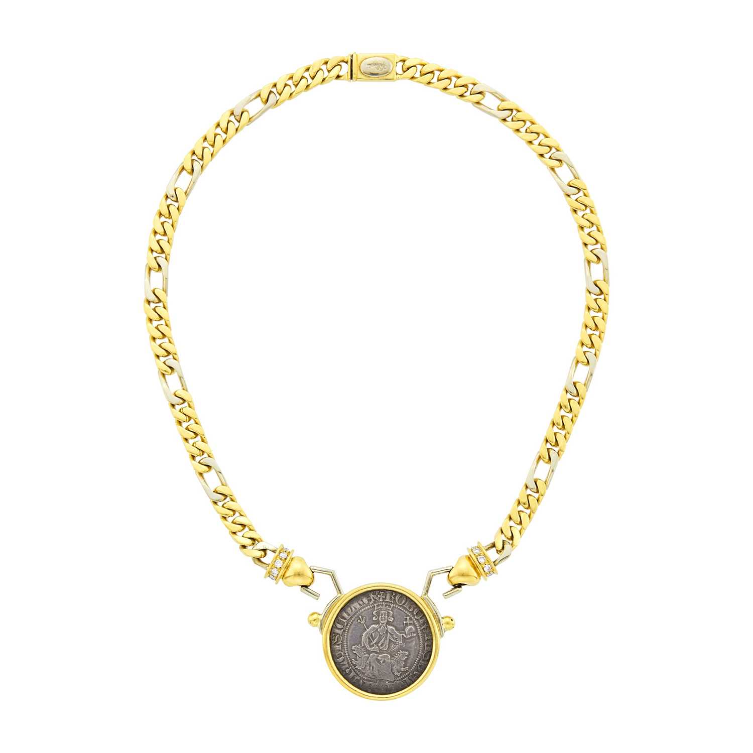 Lot 8 - Two-Color Gold, Silver Coin and Diamond Curb Link Chain Necklace