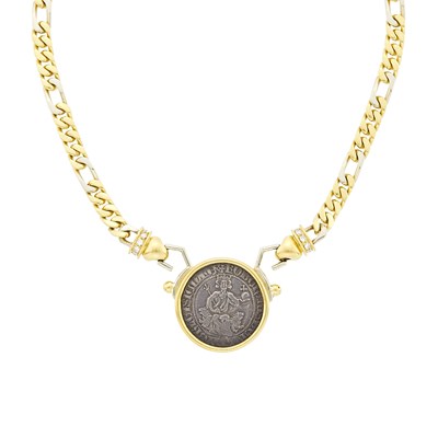Lot 8 - Two-Color Gold, Silver Coin and Diamond Curb Link Chain Necklace