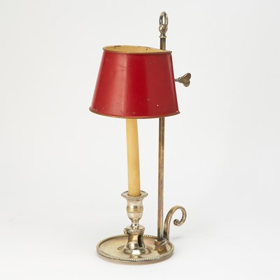 Lot 264 - French Silvered Brass Chamberstick with Red Tole Shade