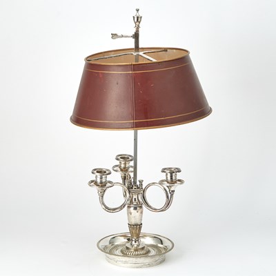 Lot 265 - French Silvered Bronze Three-Light Candelabrum with Tole Shade