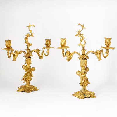 Lot 269 - Pair Rococo Style Gilt Bronze Two-Light Candelabra