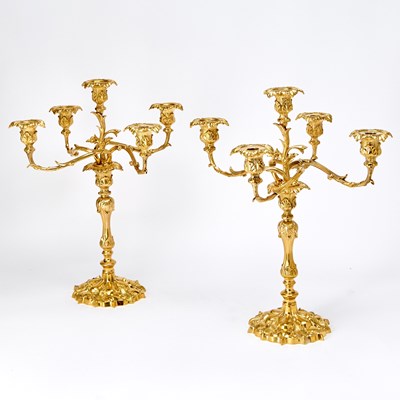 Lot 298 - Pair of Baroque Style Gilt Bronze Five-Light Candelabra