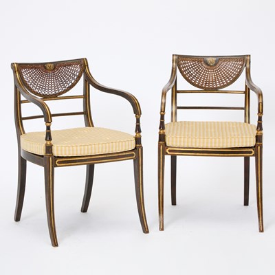 Lot 301 - Pair of Regency Painted and Parcel-Gilt Caned Armchairs