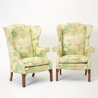 Lot 347 - Pair of Chinese Chippendale Style Mahogany Wing Chairs