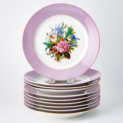 Lot 350 - Set of Nine French Floral and Lavendar Enameled Plates