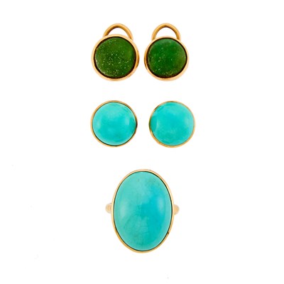 Lot 1082 - Two Pairs of Gold and Turquoise Earrings and Ring
