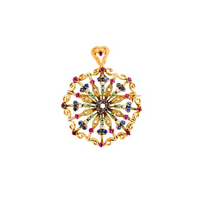 Lot 1240 - Two-Color Gold, Gem-Set and Diamond Pendant-Brooch
