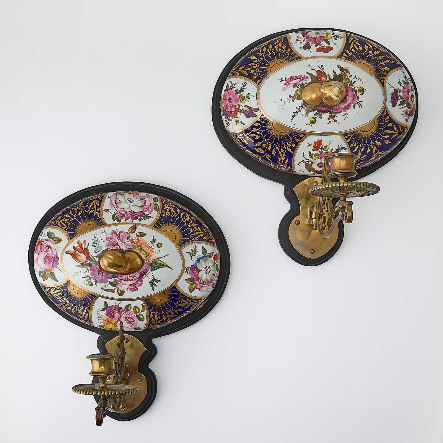 Lot 142 - Pair of English Porcelain and Brass-Mounted Single-Branch Wall-Lights