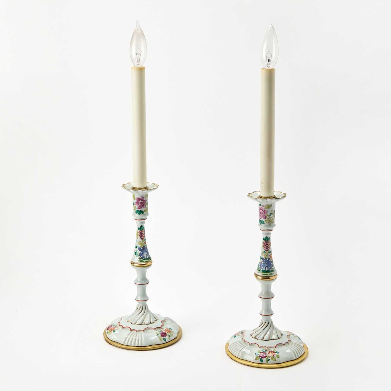Lot 191 - Pair of Staffordshire Enamel Candlesticks as Lamps