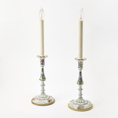 Lot 191 - Pair of Staffordshire Enamel Candlesticks as Lamps