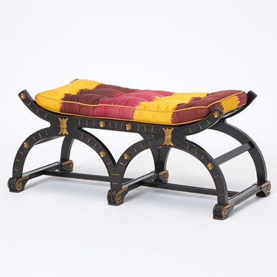 Lot 197 - Regency Style Parcel Gilt and Ebonized Wood Double Curule Bench