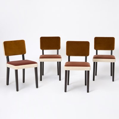 Lot 226 - Set of Four India Mahdavi Upholstered Dark Stained Oak "Best Friend" Side Chairs