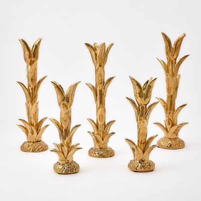 Lot 228 - Five Jean Roger Hand-Made Gold Glazed Earthenware "Tulip" Candle Holders