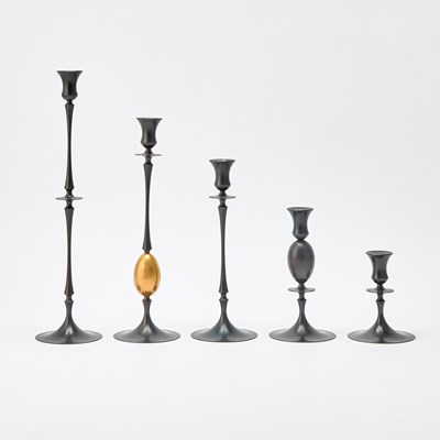 Lot 217 - Five Ted Muehling Patinated Bronze Candle Holders