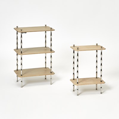 Lot 218 - Pair of Graduated Lacquer Company Oak and Chromed Metal Side Tables
