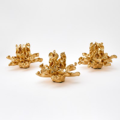 Lot 220 - Three Jean Roger Hand-Made Gold Glazed Earthenware "Seaweed" Candle Holders