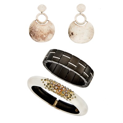 Lot 1275 - Alexis Bittar Bangle Bracelet, Ippolita Pair of Silver Pendant-Earrings and Roberto Demeglio Ceramic, White Gold and Diamond Bracelet