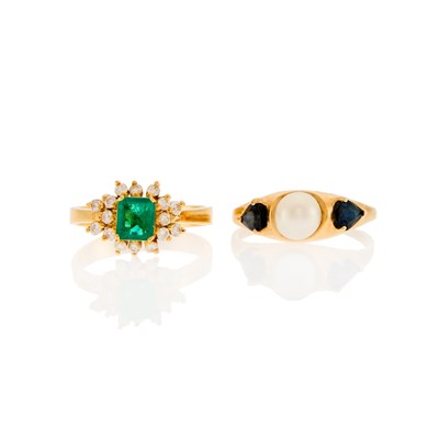 Lot 1228 - Two Gold, Emerald, Sapphire, Cultured Pearl and Diamond Rings