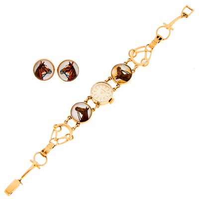 Lot 1198 - Concord Gold and Reverse Painted Rock Crystal Intaglio Wristwatch and Pair of Earrings