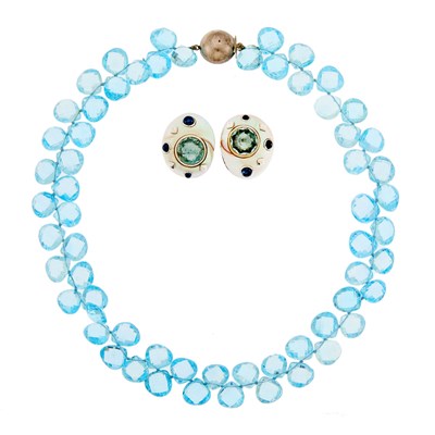 Lot 1272 - Trianon Pair of White Gold, Shell and Gem-Set Earrings and Blue Topaz Bead Necklace with Silver Clasp