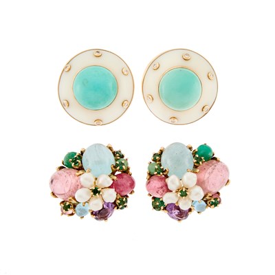 Lot 1076 - Two Pairs of Gold, Gem-Set and Diamond Earclips