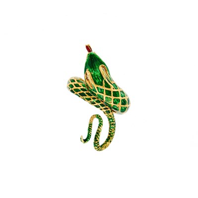 Lot 1186 - Gold, Enamel and Diamond Snake Ring