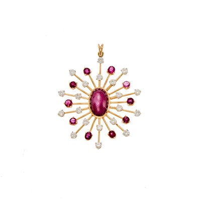 Lot 1036 - Gold, Star Ruby, Ruby and Diamond Starburst Pendant