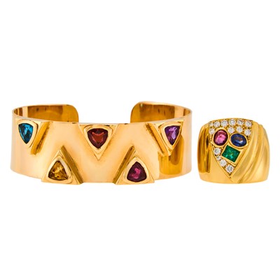 Lot 1010 - Gold and Gem-Set Cuff Bracelet and Ring