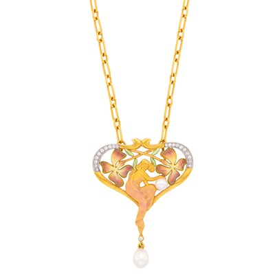 Lot 70 - Masriera Gold, Enamel, Diamond and Cultured Pearl Pendant-Brooch with Gold Chain Necklace