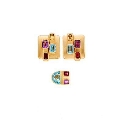 Lot 1028 - Pair of Gold and Gem-Set Earrings and Ring