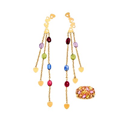 Lot 1054 - Pair of Gold and Gem-Set Earrings and Ring