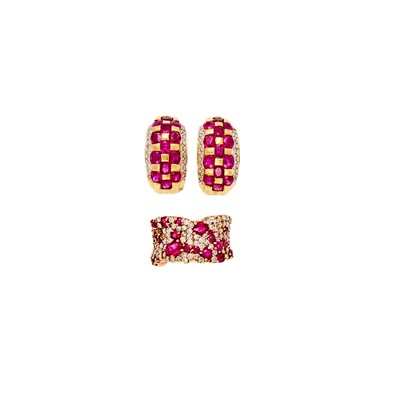 Lot 1145 - Pair of Gold, Ruby and Diamond Earclips and Ring