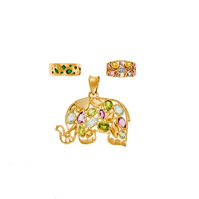 Lot 1124 - Gold and Gem-Set Elephant Pendant and Two Gem-Set and Diamond Rings