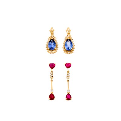 Lot 1183 - Pair of Gold, Sapphire and Diamond Earrings and Pair of Gold, Ruby and Diamond Earrings