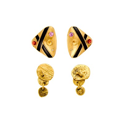 Lot 1125 - Pair of Hammered Gold Pendant-Earrings and Pair of Cabochon Colored Stone, Diamond and Black Onyx Earrings