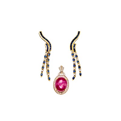 Lot 1049 - Pair of Gold, Diamond and Sapphire Earrings and Low Karat Gold, Star Ruby and Diamond Pendant