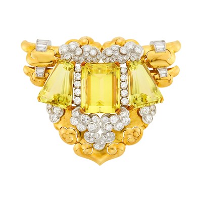 Lot 1123 - Gold, Platinum, Heliodor Beryl and Diamond Pendant Clip-Brooch