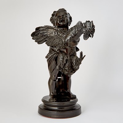 Lot 181 - Adriano Cecioni, Patinated Bronze Sculpture Titled "Bambino con Gallo"