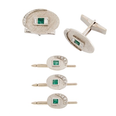 Lot 1209 - White Gold, Emerald and Diamond Dress Set