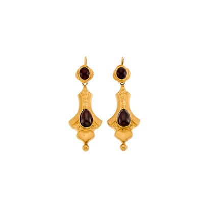 Lot 1174 - Pair of Antique Gold and Cabochon Garnet Pendant-Earrings