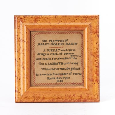 Lot 386 - Miniature Needlework Sampler "Sir Matthew Hale's Golden Maxim/Maria Ann Tyler"