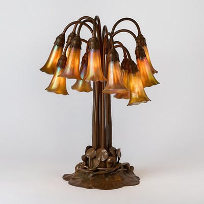 Lot 259 - Tiffany Studios Bronze and Favrile Glass Twelve-Light Pond Lily Lamp