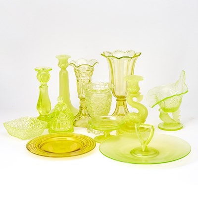 Lot 393 - Large Group of Yellow and Lime Green Glass Table Articles