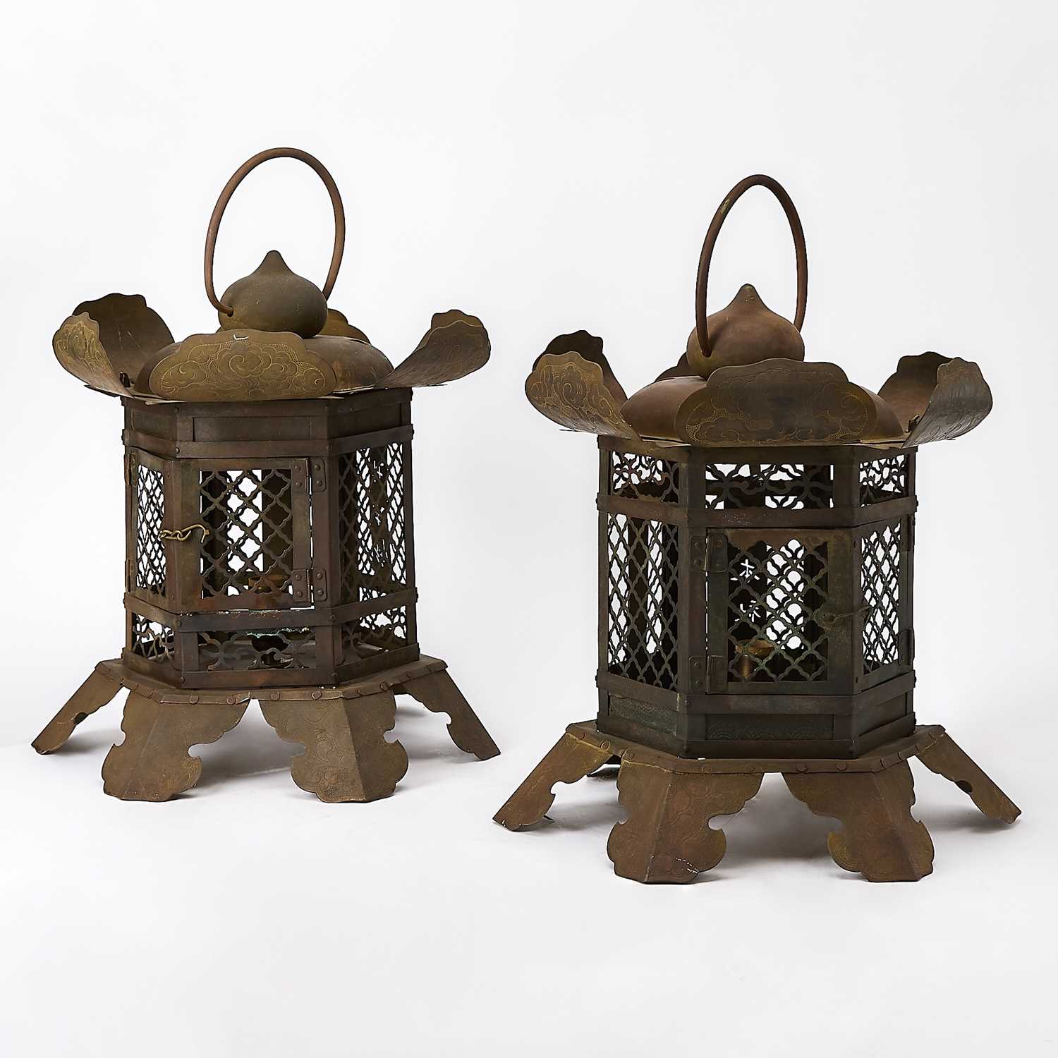 Lot 186 - Pair of Japanese Copper Alloy Temple Lanterns